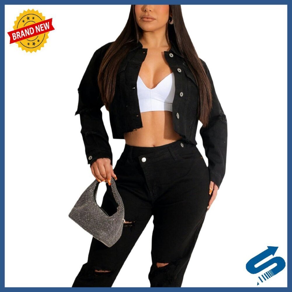 Cropped Denim Jacket Long Sleeve Button Down Distressed Casual